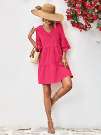 Womens Casual Holiday Vacation V-Neck Flare Sleeve Mini Dress