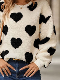 Fuzzy Heart Print Fashion Sweater Dropped Shoulder Sweatshirt