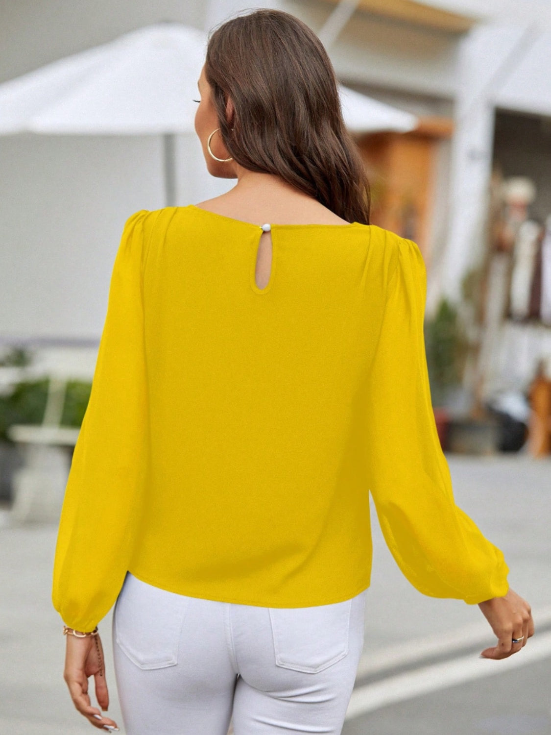 Solid Color Long Sleeve Shirt Women's Fashion Top Round Neck Balloon Sleeve Blouse