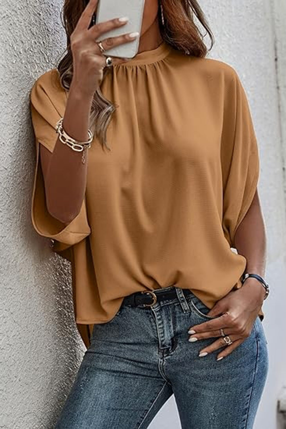 Tie Back Slit Half Sleeve Blouse Women's Solid Color Loose Fit Top