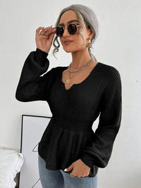 Notched Dropped Shoulder Knit Long Sleeve Top