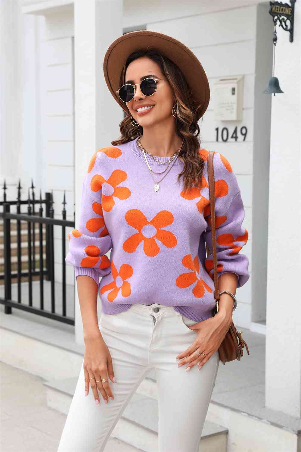 Floral Print Round Neck Dropped Shoulder Pullover Fashion Sweater