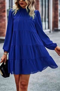 Womens Casual Tied Ruffle Collar Puff Sleeve Mini Dress