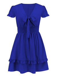 New Womens Tied V-Neck Tiered Ruffle Sexy Casual Short Sleeve Mini Dress