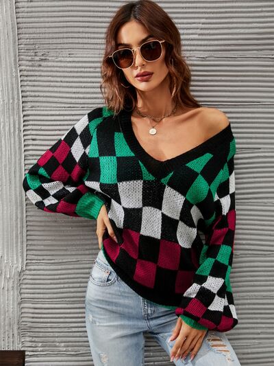 Checkered Sweater  V-Neck Lantern Sleeve Womens Fashion