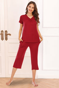 Pajama Set Women's V-Neck Short Sleeve Top and Pants Lounge Set