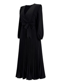 Long Sleeve Maxi Dress Pleated Surplice Waist Tie Midi