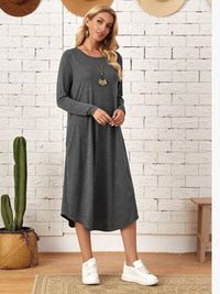 Women's Casual Maxi T-Shirt Dress With Pockets Loungewear Fashion Pocketed Round Neck Long Sleeve Tee Dress