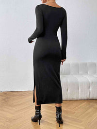 Black Dress Ribbed Top Cut Out Drawstring Long Sleeve Slit Midi Sexy Dresses Womens Fashion