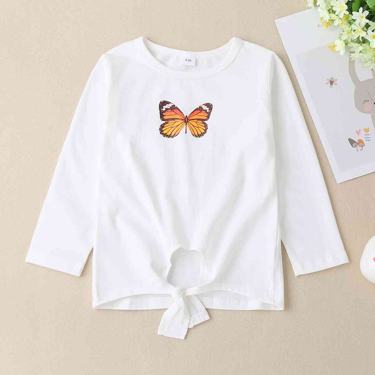 Girls Round Neck Butterfly Graphic Long Sleeve T-Shirt Kids Cotton Clothing and Gifts