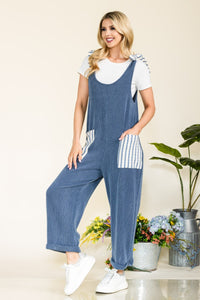 Women's Stripe Contrast Pocket Rib Jumpsuit Long Pants Romper Petite and Plus Size Fashion