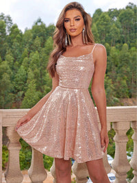 Women's Fashion Sequin Tie Back Cami Backless Flare Dress