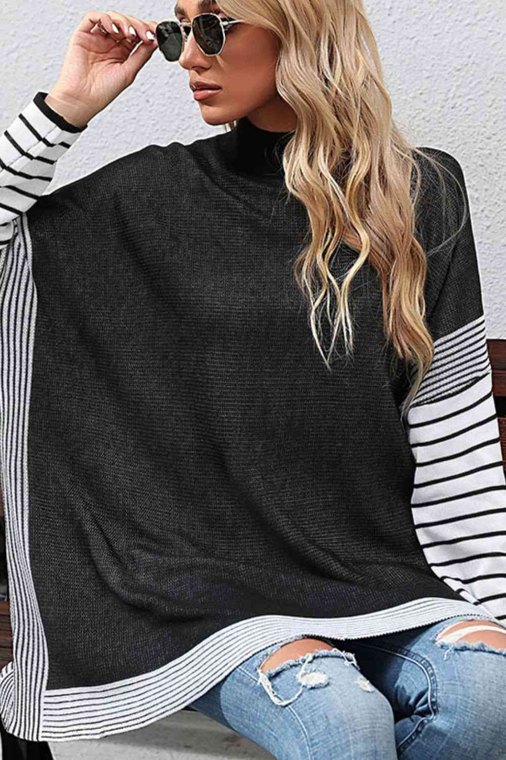 Womens Striped Long Sleeve Shirt Mock Neck Knit Pullover