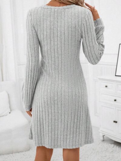 Sweater Dress Ribbed V-Neck Long Sleeve Mini Casual Womens Fashion