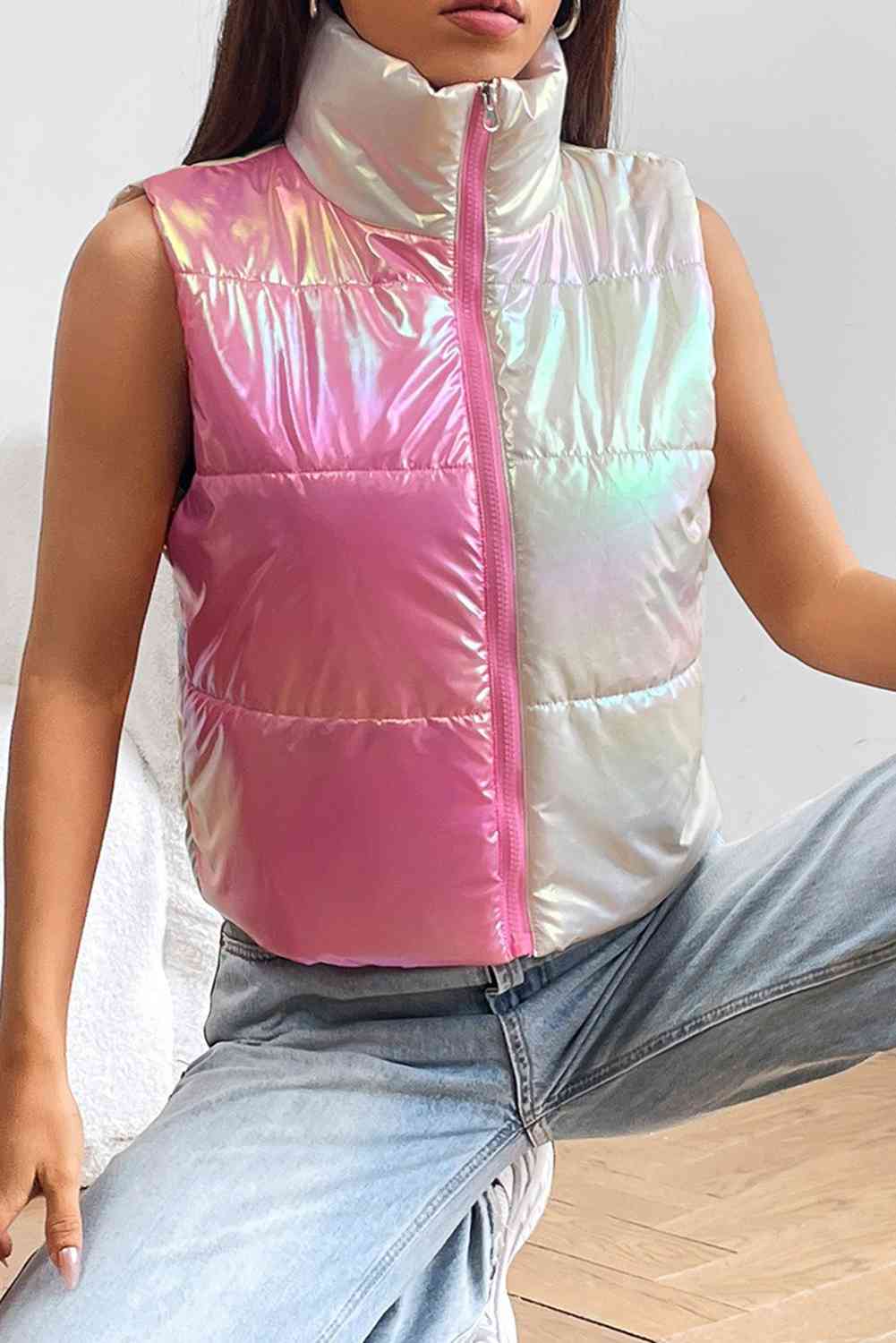 pink vest, womens vest, coats, winter coats, vests, sexy clothes, warm clothes, warm clothing, sparkly coats, nice jackets, fashionable clothes, outfit ideas, cute vest, nice clothes, womens clothing, casual clothing