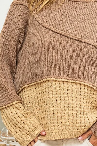 KESLEY Knit Long Sleeve Top Texture Detail Contrast Drop Shoulder Sweater Made in USA