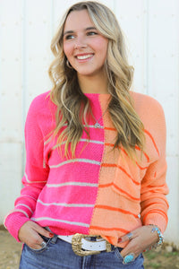 Women's Pink and Orange Top Colorblock Striped Pocketed Dropper Shoulder Sweater