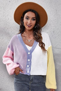 Women's Cardigan Color Block Button Up Sweater V-Neck Knit Top