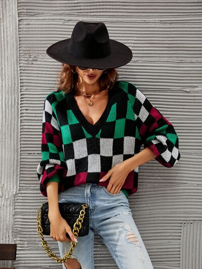 Checkered Sweater  V-Neck Lantern Sleeve Womens Fashion