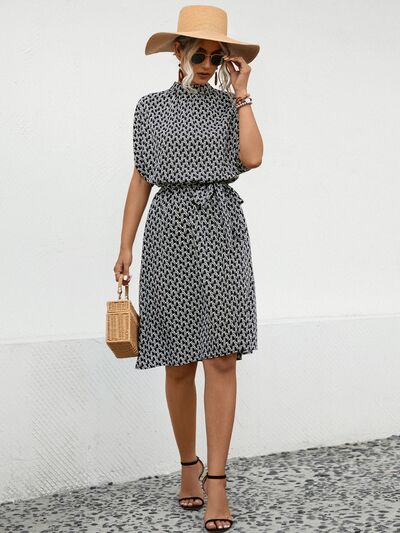 Waist Tied Black and White Printed Mock Neck Short Sleeve Dress