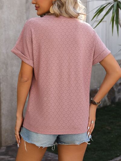 Eyelet Notched Short Sleeve T-Shirt Women's Shirts