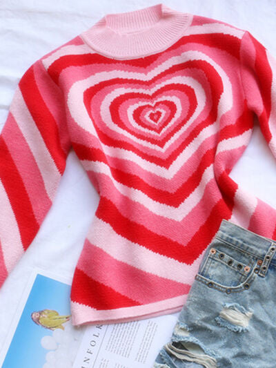 Heart Mock Neck Long Sleeve Fashion Sweater