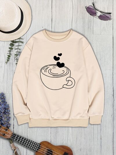 Coffee Lover Fashion Sweater Cup Graphic Round Neck Dropped Shoulder Sweatshirt