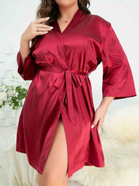 Plus Size Surplice Neck Tie Waist Robe