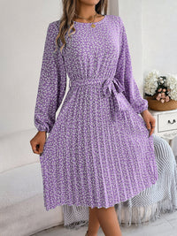 Ditsy Floral Tie Waist Pleated Long Sleeve Dress Women's Casual Wear and Workwear Fashion