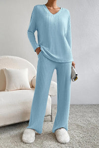 Women's comfortable Loungewear Set Pajamas  Ribbed V-Neck Top and Pants Set