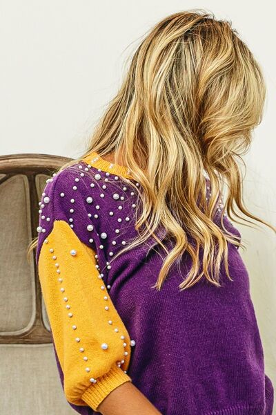 Color Block Pearl Detail Round Neck Sweater