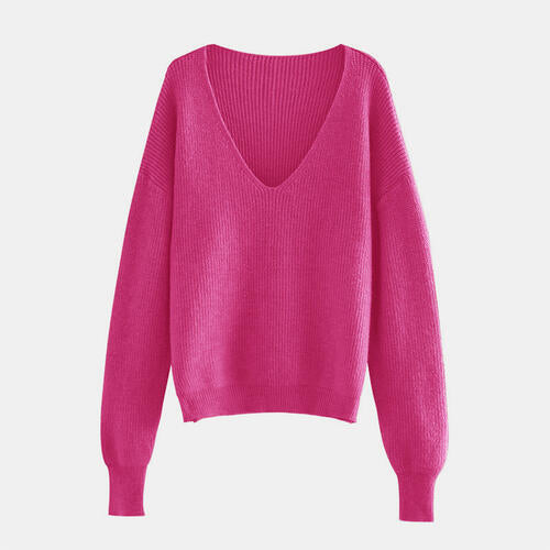 V-Neck Dropped Shoulder Long Sleeve Sweater