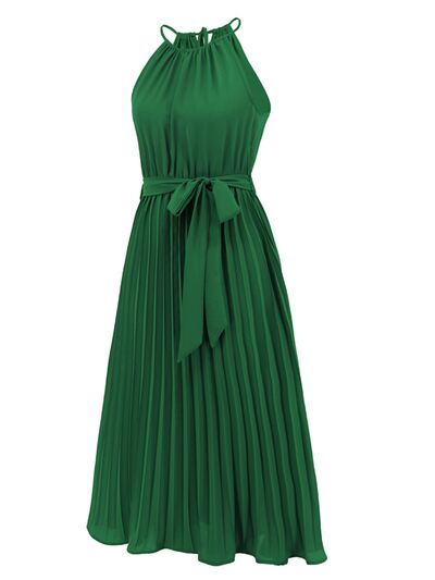 Pleated Spaghetti Strap Tie Waist Midi Dress New womens fashion Party dresses