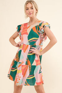 Womens Fashion Color Block Printed Double Ruffle Sleeve Dress, KESLEY Fashion