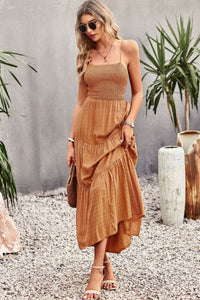 Casual Maxi Dress Backless Cutout Vacation Fashion Women's Boho Fashion Smocked Lace-Up Tiered Dress KESLEY