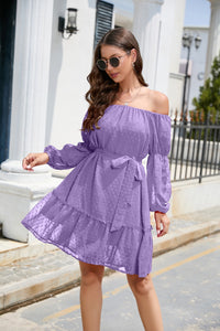 Casual Long Sleeve Short Dress Women's Fashion Waist Tie Swiss Dot Off-Shoulder Balloon Sleeve Dress