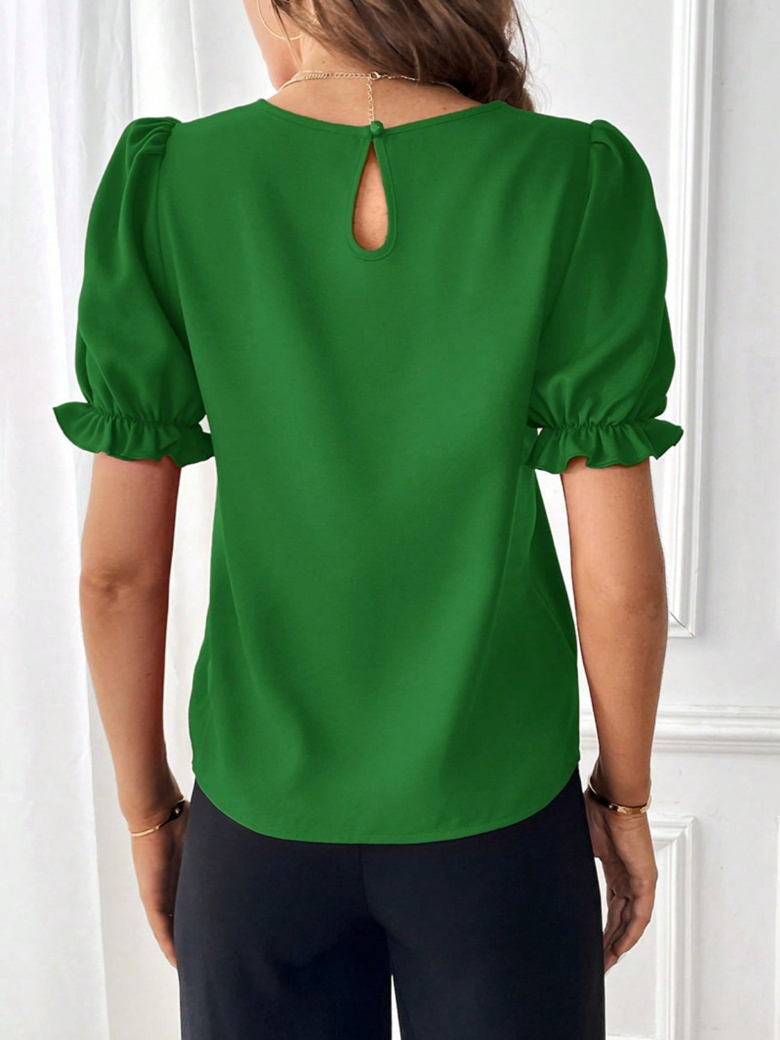 Solid Color Round Neck Flounce Short Sleeve Blouse Women's Casual Workwear Fashion