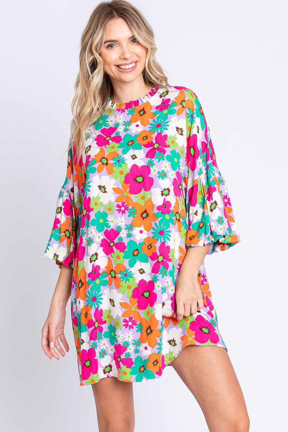 KESLEY Floral Round Neck Lantern Sleeve Mini Dress Petite and Plus Size Dresses and Fashion