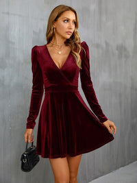 Long Sleeve V Neckline Velvet Surplice Puff Sleeve Mini Dress