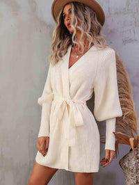 Women's Fashion Long Open Sweater Belted Surplice Lantern Sleeve Wrap Sweater Dress