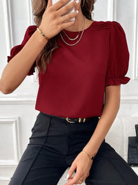 Solid Color Round Neck Flounce Short Sleeve Blouse Women's Casual Workwear Fashion