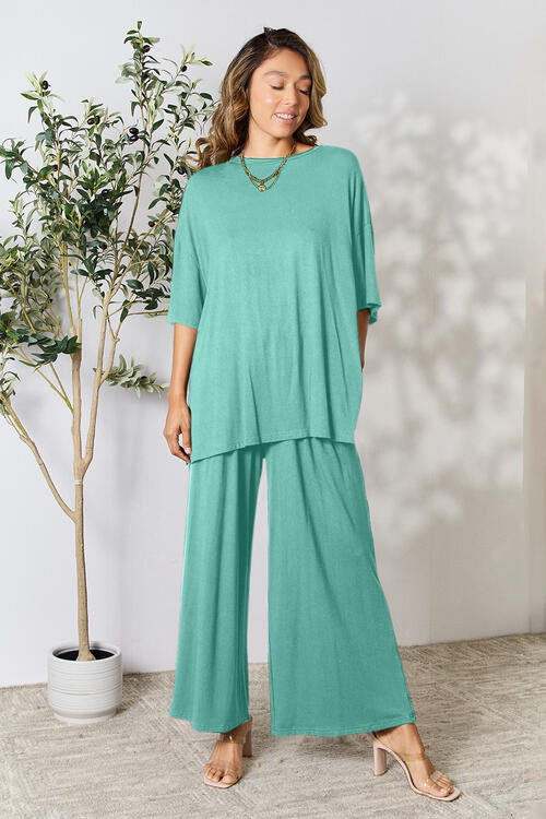 Double Take Full Size Round Neck Slit Top and Pants Set Loungewear T shirt and bottoms included