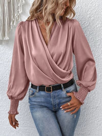 New Fashion Surplice Smocked Lantern Long Sleeve Blouse