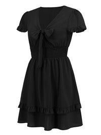 New Womens Tied V-Neck Tiered Ruffle Sexy Casual Short Sleeve Mini Dress