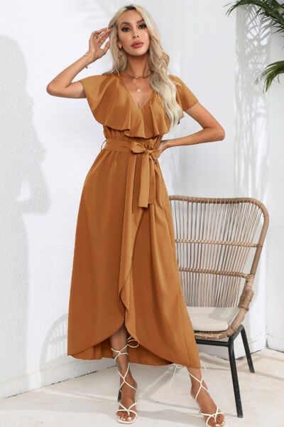 Ruffled Waist Tied V-Neck Midi Maxi Dress Casual Womens Fashion