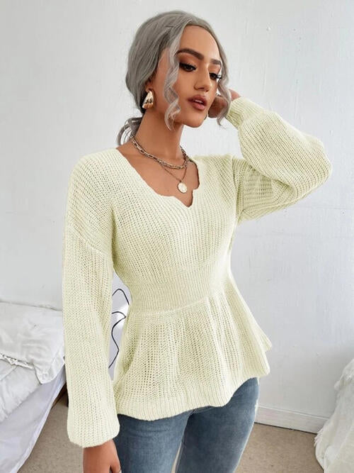 Notched Dropped Shoulder Knit Long Sleeve Top