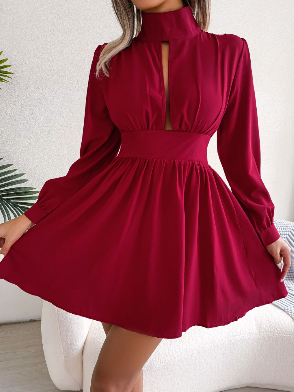 Cutout Turtleneck A-Line Long Sleeve Mini Dress