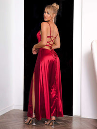 Womens Red Spaghetti Strap Lace-Up Back Split Maxi Dress