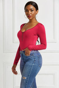 Half Zip Scoop Neck Long Sleeve Top Womens Shirt Bodysuit