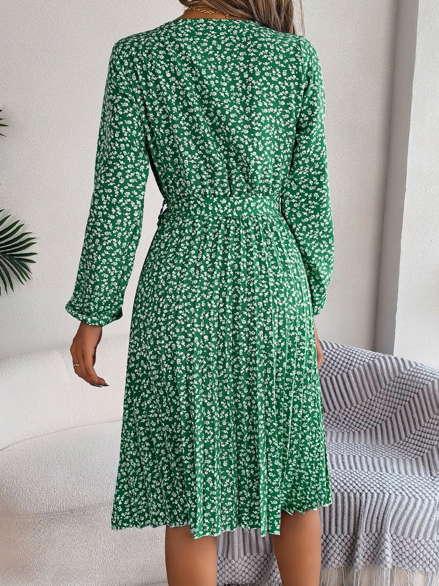 Ditsy Floral Tie Waist Pleated Long Sleeve Dress Women's Casual Wear and Workwear Fashion